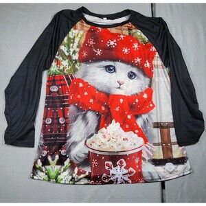 Christmas Holiday Festive Cat Kitten Crew shirt Double Print Womens Pullover 2XL